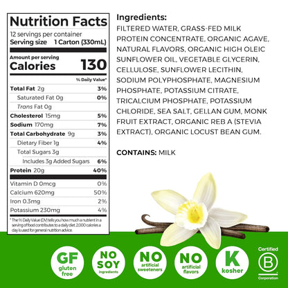 Orgain Grass Fed Clean Protein Shake, Vanilla Bean - 20G of Protein, Meal Replacement, Ready to Drink, Gluten Free, Soy Free, Kosher, 11 Oz, 12 Count (Packaging May Vary)