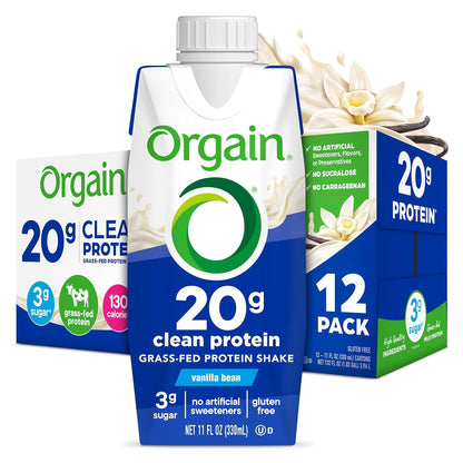 Orgain Grass Fed Clean Protein Shake, Vanilla Bean - 20G of Protein, Meal Replacement, Ready to Drink, Gluten Free, Soy Free, Kosher, 11 Oz, 12 Count (Packaging May Vary)